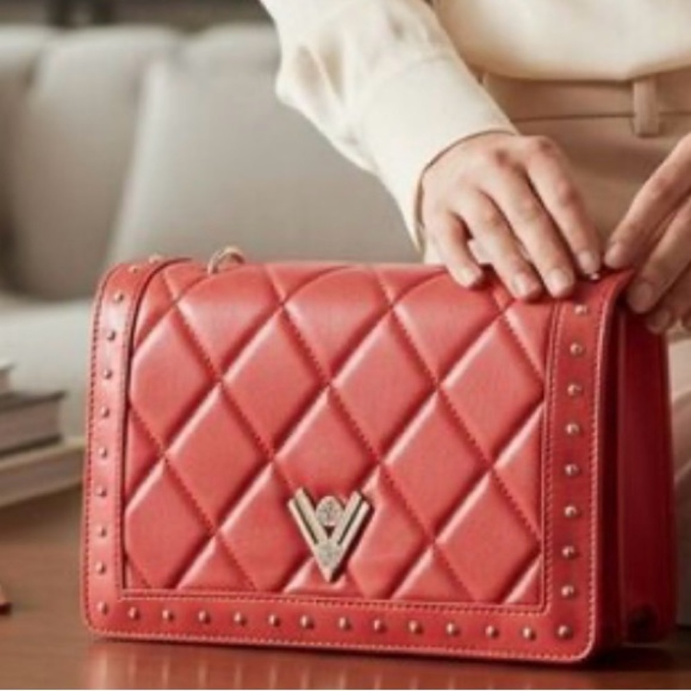 Valentino Orlandi Red Quilted Leather Shoulder Bag with Gold Hardware